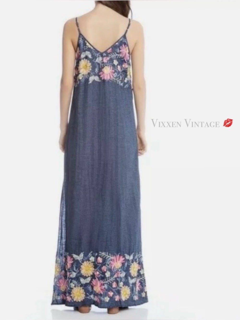 KAREN KANE FLORAL EMBROIDERED ‘PINK LEMONADE MAXI DRESS’ IN DENIM - Picture 6 of 7